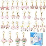 30Pcs Alloy Enamel Pendant Decorations, 304 Stainless Steel Lobster Claw Clasps Charms for Bag Ornaments, Mixed Shapes, with 1Pc Brass Wine Glass Charm Rings, Pink, 26~44mm(HJEW-SC0002-13)