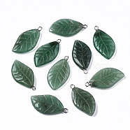 Carved Natural Green Aventurine Pendants, Leaf, 28~29x15x4.5mm, Hole: 1.8mm(G-S364-076)