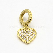 Heart Brass Micro Pave AAA Cubic Zirconia Large Hole European Dangle Charms, Lead Free & Nickel Free & Cadmium Free, Golden, 9x9x1mm, Hole: 4mm(ZIRC-L047-21G-NR)