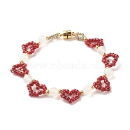 Glass Seed & Natural Agate Beaded Bracelet with Brass Magnetic Clasp, Heart Braided Bracelet for Women, Golden, Dark Red, 7-1/2 inch(19cm)(BJEW-JB07803-01)