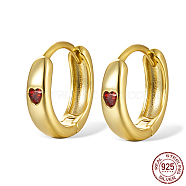 925 Sterling Silver Thick Hoop Earrings for Women, with Micro Pave Cubic Zirconia Heart, Real 18K Gold Plated, Red, 11x3mm(UT4411-1)