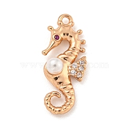 Beach Theme Brass Micro Pave Clear Cubic Zirconia Pendants, with ABS Imitation Pearl, Sea Horse, 20x9x5.5mm, Hole: 1.3mm(KK-Z072-04KCG-03)