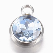 Glass Charms, Faceted, with 304 Stainless Steel Findings, Flat Round, Light Blue, 14x10x6.5mm, Hole: 2.5mm(GLAA-G019-P04)
