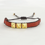 Glass Seed Braided Bead Bracelet, Flat Band Friendship Bracelet with Triple Stud for Women, Sienna, 11 inch(28cm)(BJEW-A121-24C)