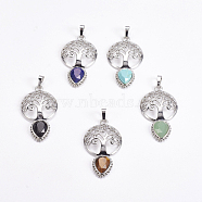 Brass Pendants, Natural & Synthetic Mixed Stone, Faceted, Hollow Flat Round with Tree of Life and Teardrop, Platinum, 49x27x6mm(G-G743-A)