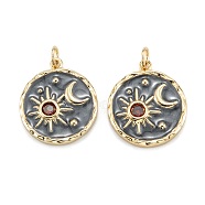 Brass Micro Pave Cubic Zirconia Pendants, with Enamel and Jump Rings, Flat Round with Moon & Star, Real 18K Gold Plated, 21x18x3mm, Hole: 3.5mm(ZIRC-A020-06G)