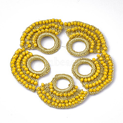 Glass Woven Pendants, Polyester Thread Covered with CCB Plastic Findings, Faceted, Fan, Gold, 46~51x54~59x5mm, Hole: 16.5mm(FIND-T039-02B)