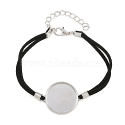 Faux Suede Cord 2-Strand Bracelet Makings, with Flat Round Alloy Trays, Platinum, Black, 180x22.5mm, Inner Diameter: 19.5mm(FB-XCP0001-06)