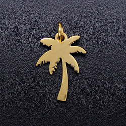 Ion Plating(IP) 304 Stainless Steel Pendants, with Jump Rings, Laser Cut, Coconut Tree, Golden, 17x12.5x1mm, Hole: 3.5mm(A-STAS-Q201-JN302-2)