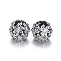 Hollow 925 Sterling Silver European Beads, Large Hole Beads, with Cubic Zirconia, Carved with 925, Round with Flower, Thai Sterling Silver Plated, 11x9.5mm, Hole: 5mm(OPDL-L017-065TAS)