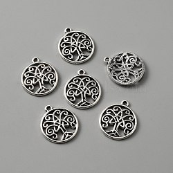 Tibetan Style Alloy Pendants, Flat Round with Tree Shape Charms, Antique Silver, 23.5x20x3mm, Hole: 1.8mm(FIND-CJC0009-48)