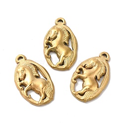 Ion Plating(IP) 304 Stainless Steel Pendants, Oval with Horse Charms, Golden, 26.5x15.5x3mm, Hole: 1x2mm(X-STAS-Q001-20G)