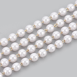 3.28 Feet Handmade Brass Beaded Chains, Soldered, with Spool, ABS Plastic Imitation Pearl, Real 18K Gold Plated, White, 5x4.3mm(X-CHC-S003-17C)