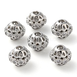Rack Plating Brass Micro Pave Cubic Zirconia Beads, Long-Lasting Plated, Round, Platinum, 7x6mm, Hole: 1.8mm(KK-D097-08P)
