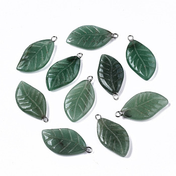Carved Natural Green Aventurine Pendants, Leaf, 28~29x15x4.5mm, Hole: 1.8mm