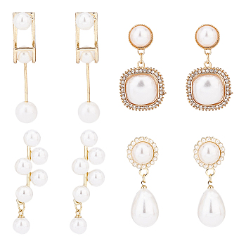 ANATTASOUL 4 Pairs 4 Style Exquisite Plastic Imitation Pearl Beaded Dangle Stud Earrings, Light Gold Alloy Jewelry for Women, White, 40~49x9.5~15mm, Pin: 0.7~0.8mm, 1 Pair/style