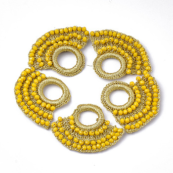 Glass Woven Pendants, Polyester Thread Covered with CCB Plastic Findings, Faceted, Fan, Gold, 46~51x54~59x5mm, Hole: 16.5mm