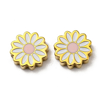304 Stainless Steel Enamel Beads, Daisy, Real 14K Gold Plated, 9.5x2.5mm, Hole: 1.2mm
