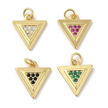 Rack Plating Brass Micro Pave Cubic Zirconia Pendants, Cadmium Free & Lead Free, Long-Lasting Plated, Real 18K Gold Plated, Triangle, Mixed Color, 15.5x14.5x2mm, Hole: 3.2mm