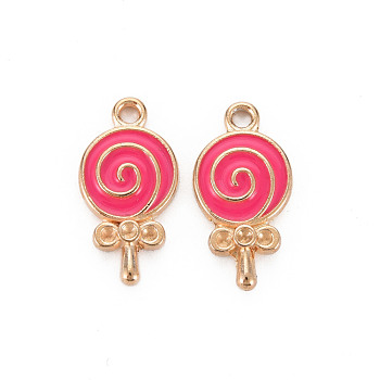 Alloy Pendant Rhinestone Settings, with Enamel, Lollipop, Light Gold, Hot Pink, Fit for 1mm Rhinestone, 18.5x10x2mm, Hole: 1.6mm