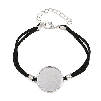 Faux Suede Cord 2-Strand Bracelet Makings, with Flat Round Alloy Trays, Platinum, Black, 180x22.5mm, Inner Diameter: 19.5mm