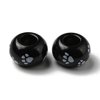 Printed Opaque Acrylic Beads, Large Hole Beads, Round, Black, 14x8.5mm, Hole: 5.8mm