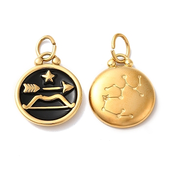 Ion Plating(IP) 304 Stainless Steel Enamel Pendants, with Jump Ring, Flat Round with Constellation, Golden, Sagittarius, 20.5x17x2.5~3.5mm, Hole: 4x6mm