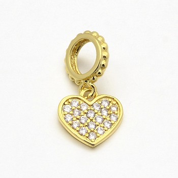 Heart Brass Micro Pave AAA Cubic Zirconia Large Hole European Dangle Charms, Lead Free & Nickel Free & Cadmium Free, Golden, 9x9x1mm, Hole: 4mm