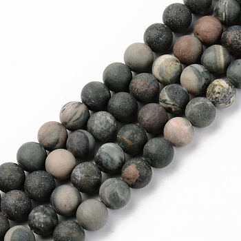 Natural Green Jasper Beads Strands, Frosted, Round, 8mm, Hole: 1mm, about 45~46pcs/strand, 15.16 inch(38.5cm)