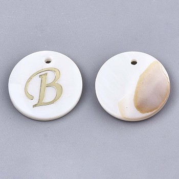 Natural Freshwater Shell Pendants, with Golden Plated Brass Etched Metal Embellishments, Flat Round with Letter, Letter.B, 15x2mm, Hole: 1.2mm