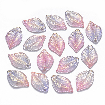 Two Tone Transparent Spray Painted Glass Pendants, with Glitter Powder, Leaf, Plum, 22.5x14.5x3.5mm, Hole: 1.2mm