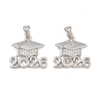 Brass Micro Pave Clear Cubic Zirconia Pendants, 2026 Graduation Cap Charms, Stainless Steel Color, 16x18x3mm, Hole: 3x4.5mm