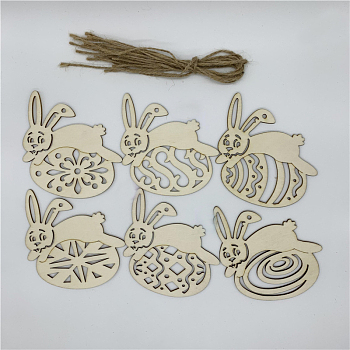 Wooden Cutouts Ornaments, with Jute Twine, Easter Hanging Decorations, for Party Gift Home Decoration, Rabbit with Egg, BurlyWood, 80x80.5x2.5mm