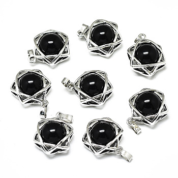 Natural Obsidian Pendants, with Platinum Plated Brass Findings, Star of David, 19x15x10.5mm, Hole: 2.5x4.5mm