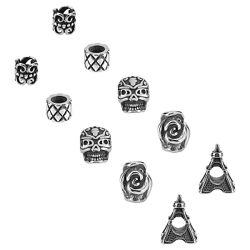 Retro 316L Surgical Stainless European Beads, Large Hole Beads, Mixed Shapes, Antique Silver, 10pcs/box