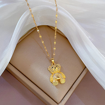 Brass with Rhinestone Bear Pendant Necklaces, with 201 Stainless Steel Chains, Bear, 18.50 inch(47cm)
