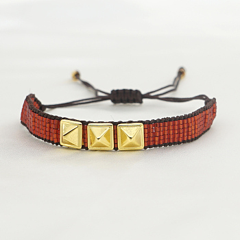 Glass Seed Braided Bead Bracelet, Flat Band Friendship Bracelet with Triple Stud for Women, Sienna, 11 inch(28cm)