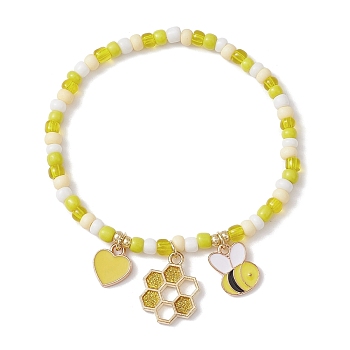 Glass Seed Beaded Stretch Bracelet, with Alloy Enamel Charms, Yellow, Inner Diameter: 2-1/4 inch(5.6cm)