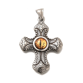 304 Stainless Steel Pendants, with Eye Shape Glass Bead, Cross, 51.5x37x6mm, Hole: 7x4mm