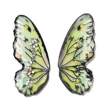 Translucent Resin Paillette Cabochons, Butterfly, Yellow Green, 35.5x15x2mm