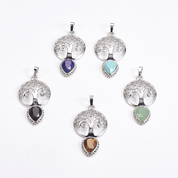Brass Pendants, Natural & Synthetic Mixed Stone, Faceted, Hollow Flat Round with Tree of Life and Teardrop, Platinum, 49x27x6mm