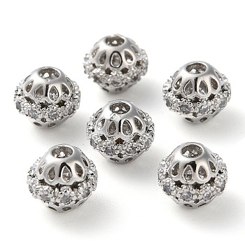 Rack Plating Brass Micro Pave Cubic Zirconia Beads, Long-Lasting Plated, Round, Platinum, 7x6mm, Hole: 1.8mm