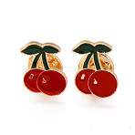 Alloy Enamel Brooches, Enamel Pin, with Butterfly Clutches, Cherry, Light Gold, Cadmium Free & Nickel Free & Lead Free, FireBrick, 18x14x2mm, Pin: 1mm(JEWB-N006-044-NR)