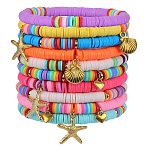 Stretch Charm Bracelets Sets, with Handmade Polymer Clay Heishi Beads and Brass Spacer Beads and Alloy Pendants, Mixed Color, Inner Diameter: 2-1/8 inch(5.5cm), 10pcs/set(BJEW-SZ0001-001)