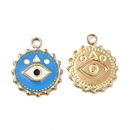 Vacuum Plating 201 Stainless Steel Enamel Pendants, Real 18K Gold Plated, Flat Round with Eye Charm, Dodger Blue, 21.5x18x1.5mm, Hole: 2.6mm(STAS-J401-VC841)