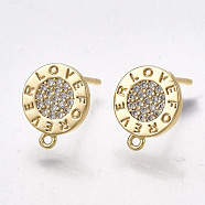 Brass Stud Earring Findings, with Loop, Cubic Zirconia, Nickel Free, Real 18K Gold Plated, Flat Round with Word Love Forever, Clear, 10x8.5mm, Hole: 0.8mm, Pin: 0.8mm(KK-T038-476G)