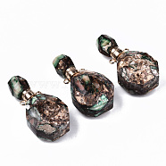 Assembled Synthetic Bronzite and Imperial Jasper Openable Perfume Bottle Pendants, with Light Gold Brass Findings, Dyed, Medium Sea Green, Capacity: 1ml(0.03 fl. oz), 39~40x19.5x13.5mm, Hole: 1.8mm(G-S366-060C)