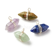 Natural & Synthetic Mixed Stone Double Terminated Pointed Pendants, with Copper Wire Wrapped, Faceted, Bullet, Silver, 15x23x9mm, Hole: 2mm(PALLOY-JF01247-02)