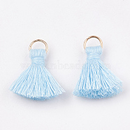 Polycotton(Polyester Cotton) Tassel Pendant Decorations, with Iron Findings, Light Gold, Light Blue, 20~30x7~8mm, Hole: 5mm(FIND-S280-11)