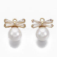 Brass Micro Pave Cubic Zirconia Charms, with Acrylic Imitation Pearl, Nickel Free, Real 18K Gold Plated, Bowknot, Seashell Color, 13x12.5x8mm, Hole: 1.4mm(KK-R132-030-NF)